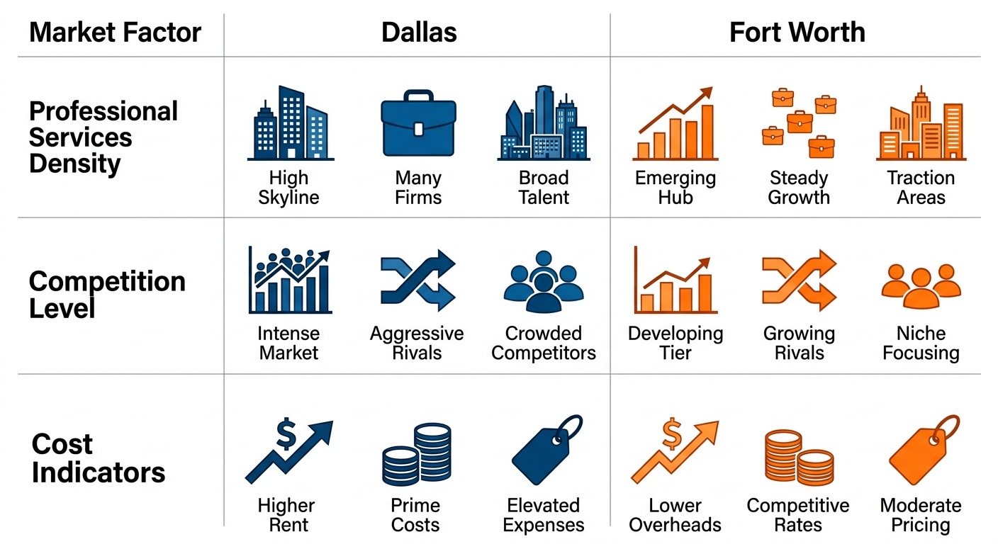 Infographic comparing branding market factors in Dallas and Fort Worth: services density, competition, costs with icons.
